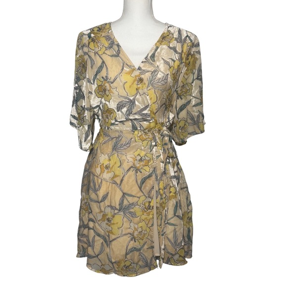 Karlie Dresses & Skirts - Karlie Wrap Dress S Yellow Floral Crushed Velvet Flutter Sleeve V-Neck Excellent